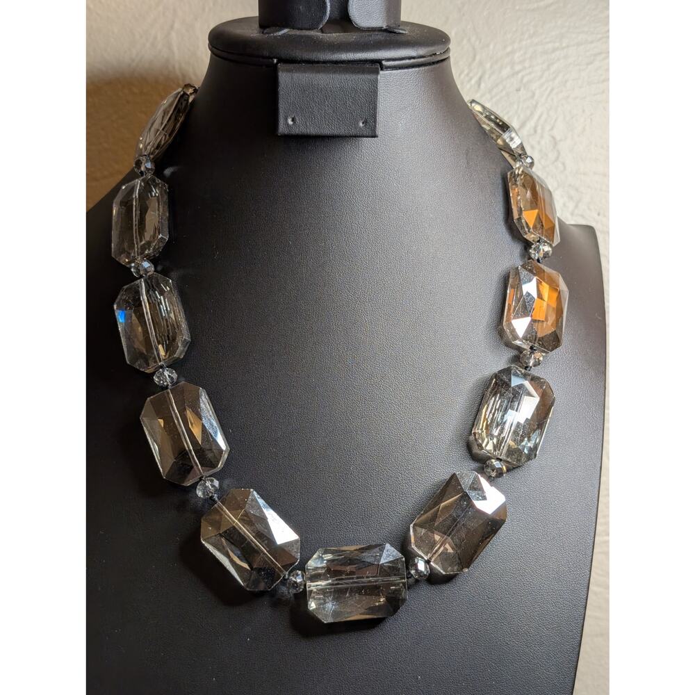 Leslie Danzis Chunky Faceted Smoky Glass Silver Tone Statement Necklace